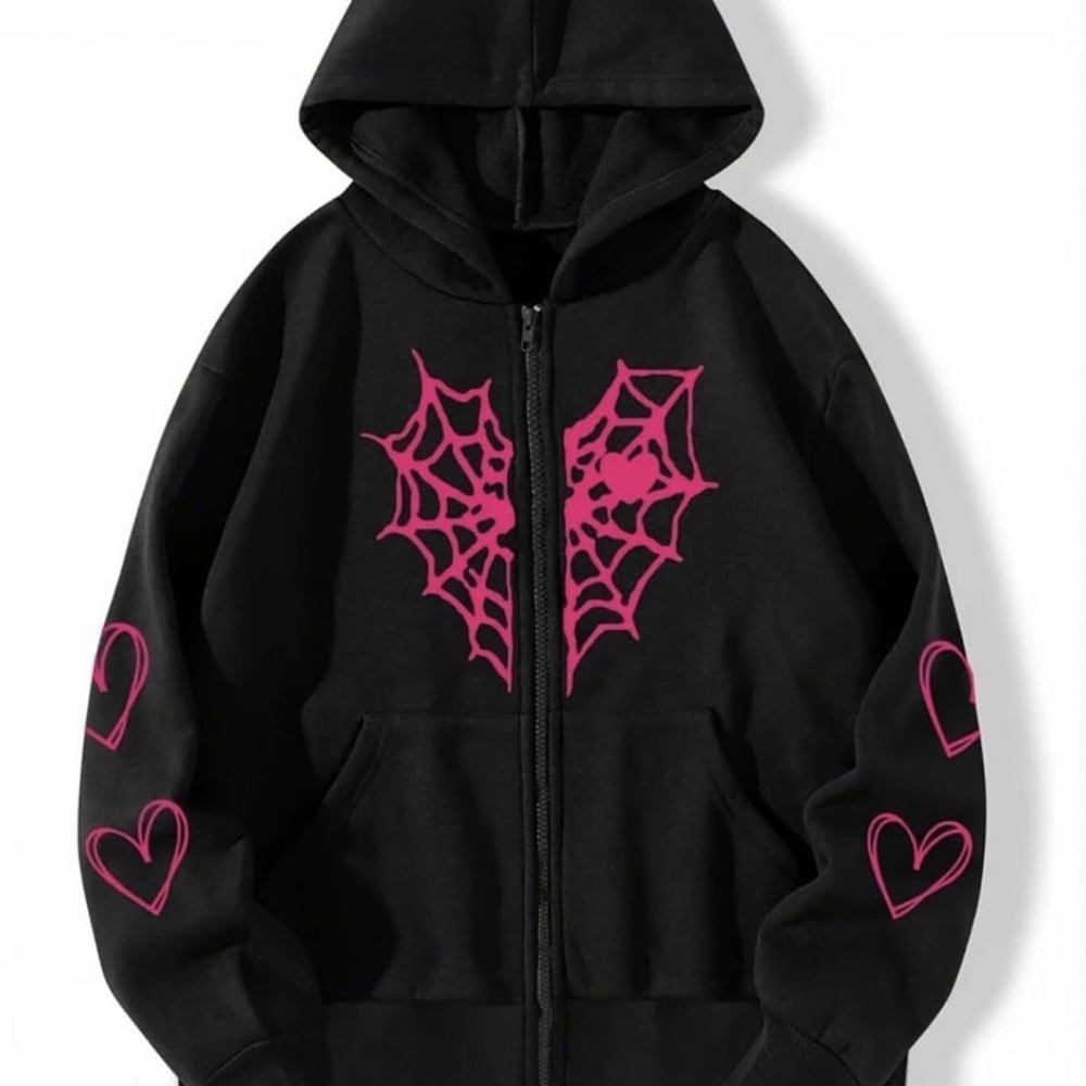 Black Hoodie with Pink Heart Spider Web Design 3X New in Packaging